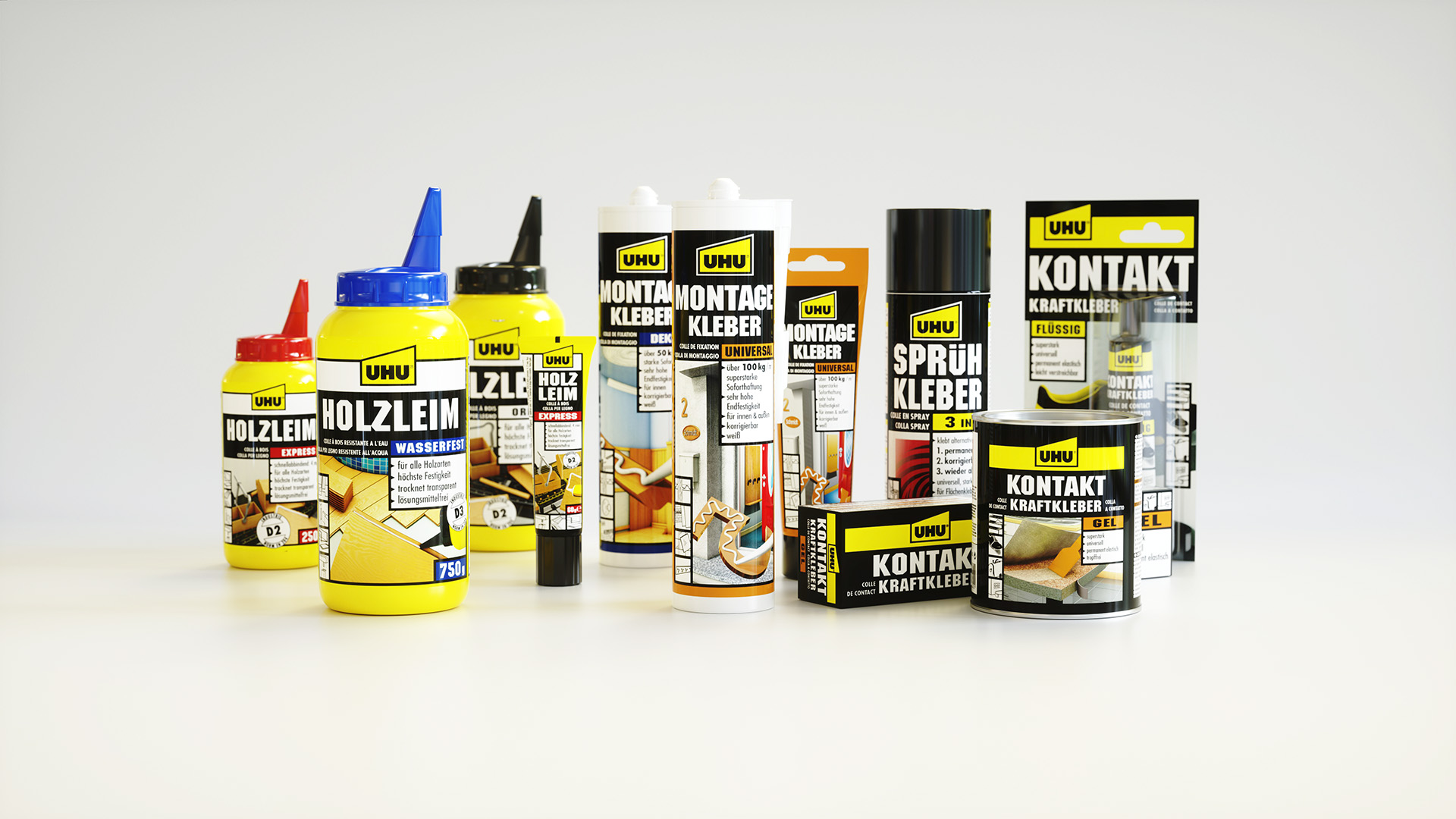 UHU Klebstoff-Sortiment, CGI-Gruppenpackshot