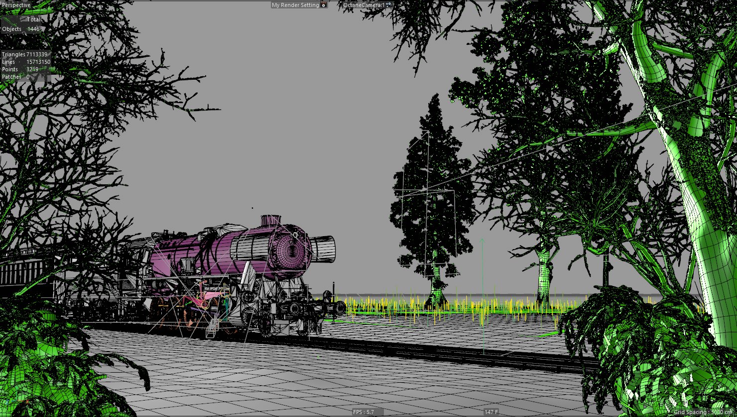 Arbeitsansicht der Dampflok-Szene in Cinema 4D